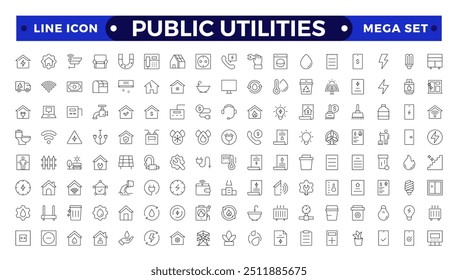 Public utilities, service. Set of Outline icons in linear style. Electricity, water supply, gas supply, drainage, garbage removal, major repairs, cold, hot water. Outline conceptual pictogram.

