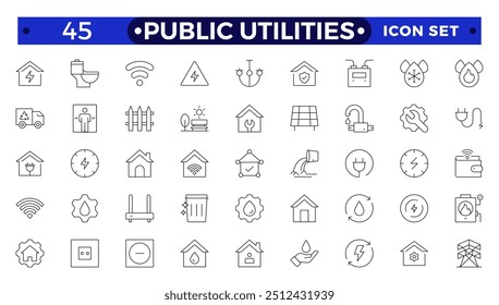 Serviços públicos, serviço. Conjunto de ícones de Estrutura de Tópicos em estilo linear. Eletricidade, fornecimento de água, fornecimento de gás, drenagem, remoção de lixo, grandes reparos, frio, água quente. Contornar o pictograma conceitual.
