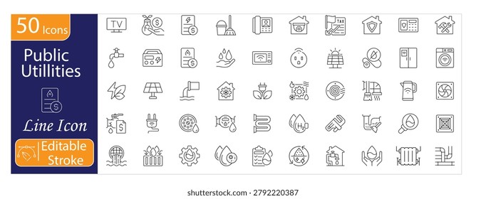 Public Utilities Services icons set. Includes electricity, water supply, gas pipeline, sewer system, waste management, street lighting, recycling, fire hydrant, and utility meter symbols. Editable stroke. Line icons.

