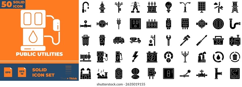 Utilitários públicos Sólido editável ícones conjunto. Ilustração vetorial em estilo sólido fino moderno de ícones de serviços públicos: encanamento, energia, engenheiro, etc