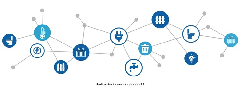 Public utilities vector illustration. Concept with connected icons related to water supply, electricity, gas, sanitation, household waste including internet access and telephone line.