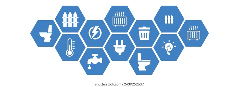 Ilustración vectorial de servicios públicos. Concepto con iconos conectados relacionados con el suministro de agua, electricidad, gas, saneamiento, residuos domésticos, incluido el acceso a internet y la línea telefónica.