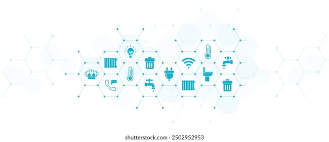 Public utilities vector illustration. Concept with connected icons related to water supply, electricity, gas, sanitation, household waste including internet access and telephone line.