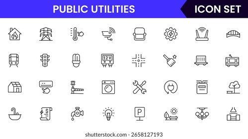 Public utilities vector line icons featuring water, electricity, gas, waste management, infrastructure, service meters, maintenance, power plants, and community resources.
