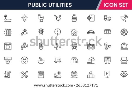 Public utilities vector line icons featuring water, electricity, gas, waste management, infrastructure, service meters, maintenance, power plants, and community resources.