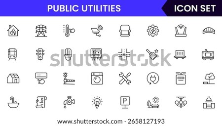Public utilities vector line icons featuring water, electricity, gas, waste management, infrastructure, service meters, maintenance, power plants, and community resources.