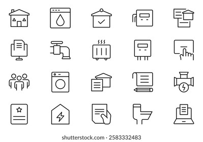 Public utilities web icon set. Rent receipt, electricity, water, gas, garage, heating, Water, Fuel, Electricity, Solar House, Maintenance collection.