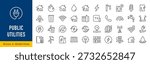 Public utilities web icons in line style. Rent receipt, electricity, water, gas, garage, heating, collection. Vector illustration.