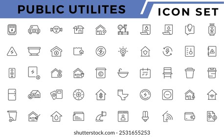 Conjunto de linhas de ícones da Web de utilitários públicos. Serviços Públicos Água, Combustível, Eletricidade, gás, garagem, Casa Solar, Recibo de aluguel, Manutenção e Mais ilustração vetorial