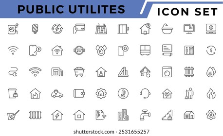 Conjunto de linhas de ícones da Web de utilitários públicos. Serviços Públicos Água, Combustível, Eletricidade, gás, garagem, Casa Solar, Recibo de aluguel, Manutenção e Mais ilustração vetorial