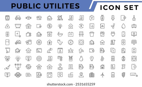 Conjunto de linhas de ícones da Web de utilitários públicos. Serviços Públicos Água, Combustível, Eletricidade, gás, garagem, Casa Solar, Recibo de aluguel, Manutenção e Mais ilustração vetorial