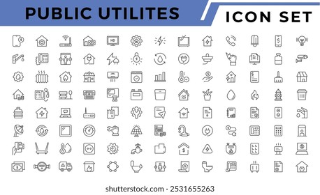 Conjunto de linhas de ícones da Web de utilitários públicos. Serviços Públicos Água, Combustível, Eletricidade, gás, garagem, Casa Solar, Recibo de aluguel, Manutenção e Mais ilustração vetorial