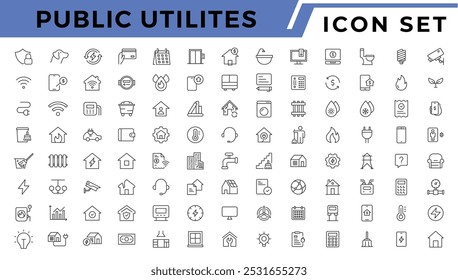 Conjunto de linhas de ícones da Web de utilitários públicos. Serviços Públicos Água, Combustível, Eletricidade, gás, garagem, Casa Solar, Recibo de aluguel, Manutenção e Mais ilustração vetorial