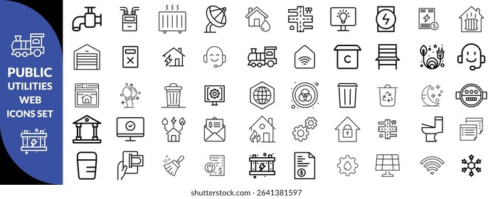 Public utilities web icons line set. Public Utilities Water, Fuel, Electricity, gas, garage, Solar House, Rent receipt, Maintainence, and More vector illustration