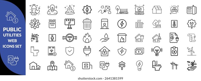 Public utilities web icons line set. Public Utilities Water, Fuel, Electricity, gas, garage, Solar House, Rent receipt, Maintainence, and More vector illustration