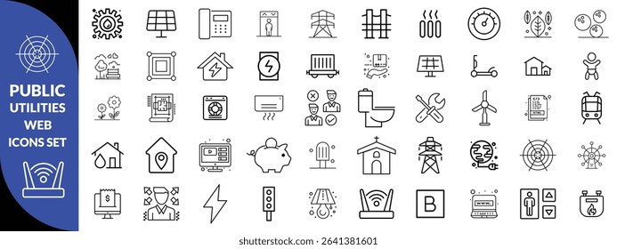 Public utilities web icons line set. Public Utilities Water, Fuel, Electricity, gas, garage, Solar House, Rent receipt, Maintainence, and More vector illustration
