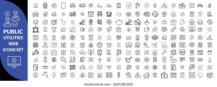 Public utilities web icons line set. Public Utilities Water, Fuel, Electricity, gas, garage, Solar House, Rent receipt, Maintainence, and More vector illustration