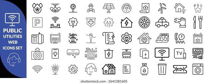 Public utilities web icons line set. Public Utilities Water, Fuel, Electricity, gas, garage, Solar House, Rent receipt, Maintainence, and More vector illustration