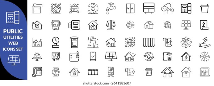 Public utilities web icons line set. Public Utilities Water, Fuel, Electricity, gas, garage, Solar House, Rent receipt, Maintainence, and More vector illustration
