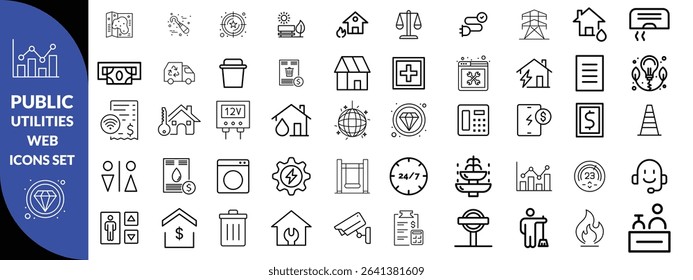 Public utilities web icons line set. Public Utilities Water, Fuel, Electricity, gas, garage, Solar House, Rent receipt, Maintainence, and More vector illustration