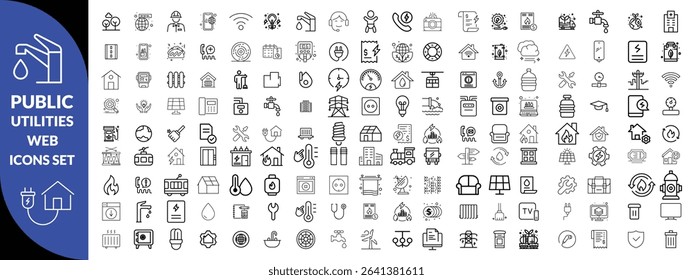 Public utilities web icons line set. Public Utilities Water, Fuel, Electricity, gas, garage, Solar House, Rent receipt, Maintainence, and More vector illustration