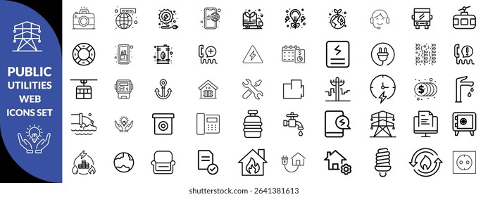 Public utilities web icons line set. Public Utilities Water, Fuel, Electricity, gas, garage, Solar House, Rent receipt, Maintainence, and More vector illustration