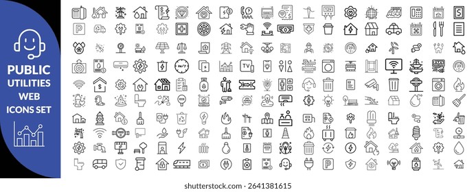 Public utilities web icons line set. Public Utilities Water, Fuel, Electricity, gas, garage, Solar House, Rent receipt, Maintainence, and More vector illustration