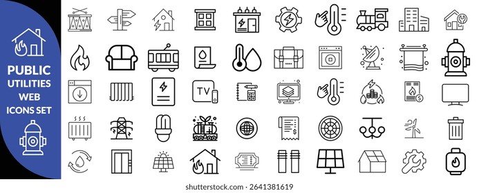 Public utilities web icons line set. Public Utilities Water, Fuel, Electricity, gas, garage, Solar House, Rent receipt, Maintainence, and More vector illustration