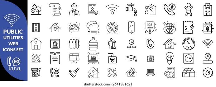 Public utilities web icons line set. Public Utilities Water, Fuel, Electricity, gas, garage, Solar House, Rent receipt, Maintainence, and More vector illustration