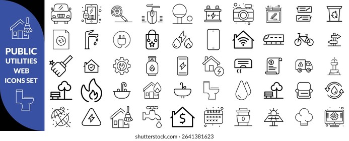 Public utilities web icons line set. Public Utilities Water, Fuel, Electricity, gas, garage, Solar House, Rent receipt, Maintainence, and More vector illustration