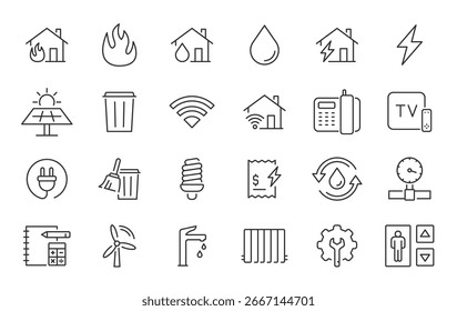 Public utilities web icons in line style. Rent receipt, electricity, water, gas, garage, heating, collection. Vector illustration.