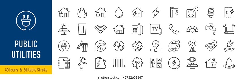 Public utilities web icons in line style. Rent receipt, electricity, water, gas, garage, heating, collection. Vector illustration.