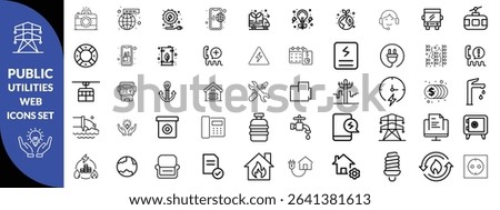 Public utilities web icons line set. Public Utilities Water, Fuel, Electricity, gas, garage, Solar House, Rent receipt, Maintainence, and More vector illustration