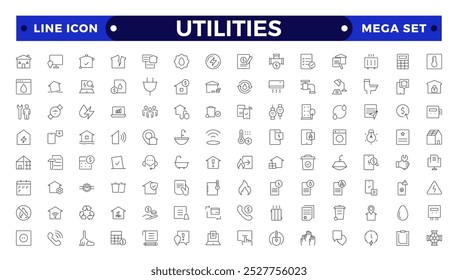 Ícones da Web de utilitários públicos em estilo de estrutura de tópicos. Recibo de aluguel, eletricidade, água, gás, garagem, aquecimento, Água, Combustível, Eletricidade, Casa Solar, coleção Manutenção.
