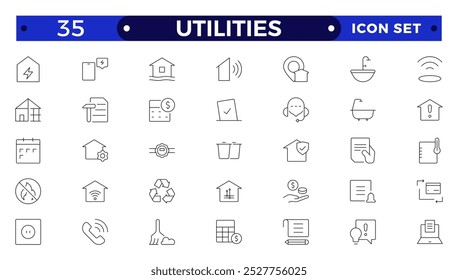 Ícones da Web de utilitários públicos em estilo de estrutura de tópicos. Recibo de aluguel, eletricidade, água, gás, garagem, aquecimento, Água, Combustível, Eletricidade, Casa Solar, coleção Manutenção.
