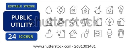 Public utility and home services editable stroke icons including water supply, electricity, plumbing, communication, heating, garbage, and cleaning.