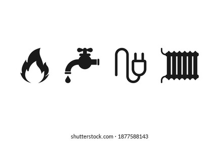 Public Utility Icon Vector Set. Gas Water Electricity And Heating Radiator Symbols Isolated. Vector EPS 10