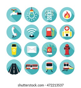 Public Utility Icons Flat Set, Water Supply, Electricity, Fuel, Road and Transport