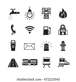 Public Utility Icons Silhouette Set, Water Supply, Electricity, Fuel, Road and Transport