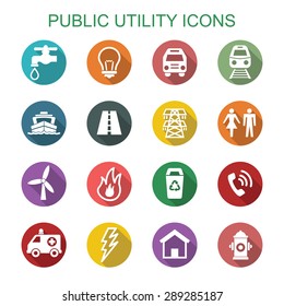 public utility long shadow icons, flat vector symbols