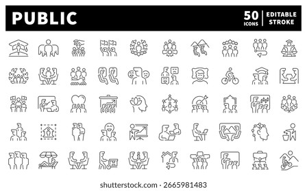 Öffentliche Vektorsymbole im Linienstil. Öffentliche, gesellschaftliche, Community-bezogene Icons. Öffentliche Gliederungssymbole.