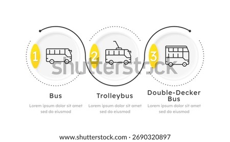 Public vehicles round infographic template. Urban passenger transfer. Data visualization with 3 steps. Empty process vector design. Editable blank options info graphics