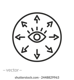 public view around icon, circular visibility, arrows with human eye, thin line symbol - vector illustration