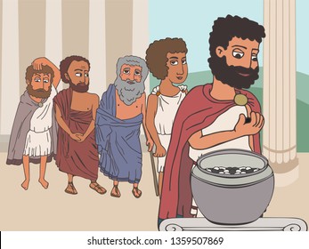 Public Voting In Ancient Greece By Placing Pebbles In Urn, Funny Cartoon Vector Illustration Of Democracy Origins