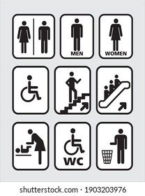 Public warning sign design vector, Men And Women Toilet wheelchair, Staircase, Garbage dump