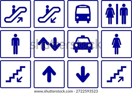 Public Wayfinding and Facility Icons Restroom, Stairs, Escalator, Taxi, Bus and Directional Arrows for Signage and Architectural Plans