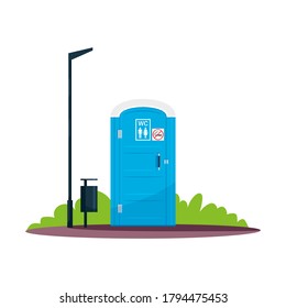 Public WC with no smoking sign semi flat RGB color vector illustration. Blue movable chemical toilet. Unisex. Public convenience facilities. Isolated cartoon object on white background
