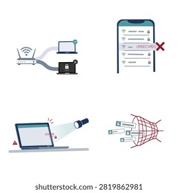 Public Wi Fi security risks set with router interception unsecured network alert vpn protection and credential trapping vector illustration