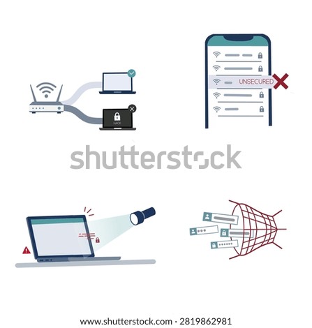 Public Wi Fi security risks set with router interception unsecured network alert vpn protection and credential trapping vector illustration