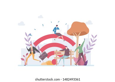 Public Wifi Connection Vector Illustration Concept Showing a group of people enjoying free wifi connection spot, Suitable for landing page, ui, web, App intro card, editorial, flyer, and banner.